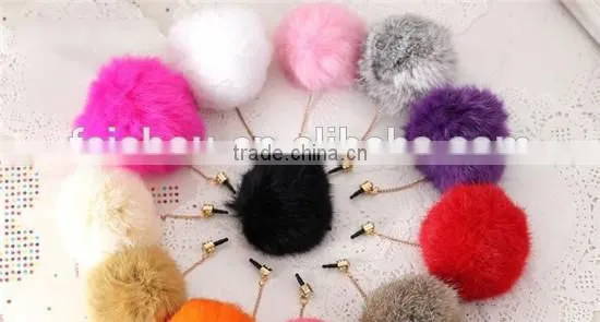 2015 wholesale Fashion Sparkling Diamond 3.5mm crown Dustproof Plug for mobile phone,Pearl rabbit hair ball dustproof plug