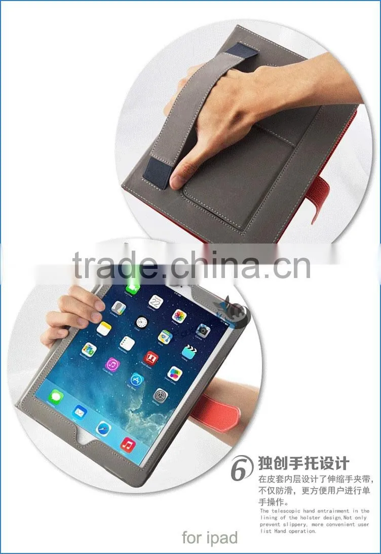 hot selling new design leather cover case with handle for ipad air/air 2 with Sleep/wake up function