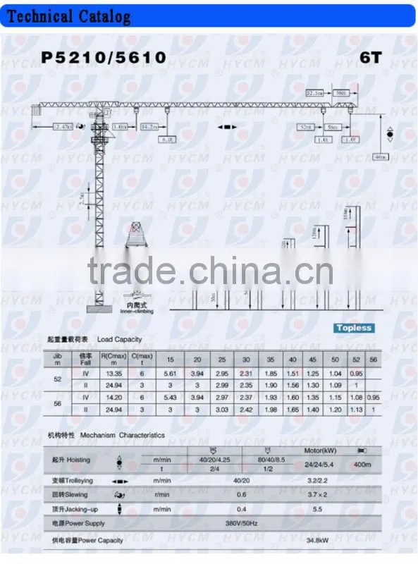 52m jib length hydralic telescopic Head-Top Tower Crane with 6t capacity