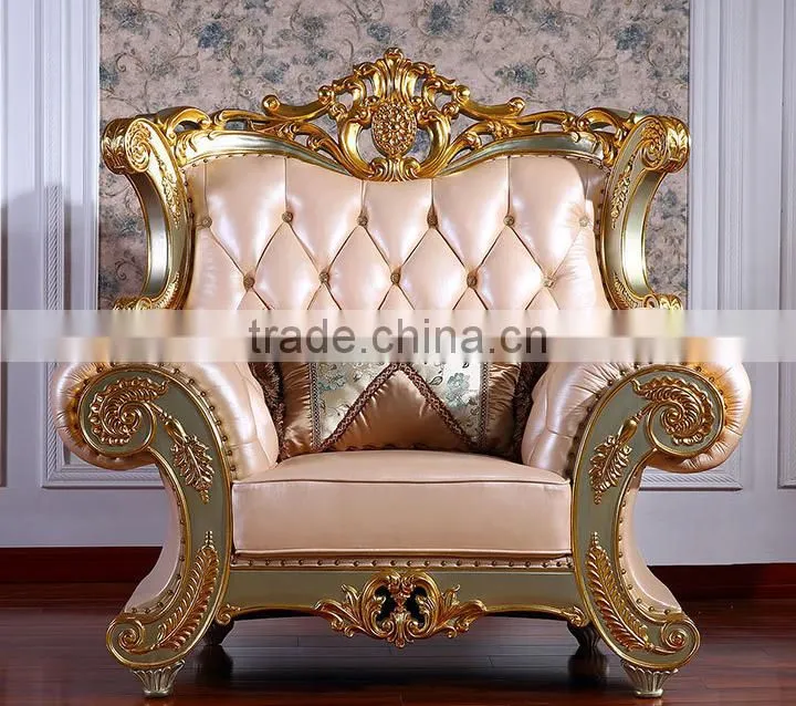 Luxury palace noble living room furniture solid wood hand carved genuine leather sofa set