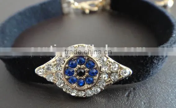rhinestone inlaid hamsa hand evil eye charm suede leather bracelet