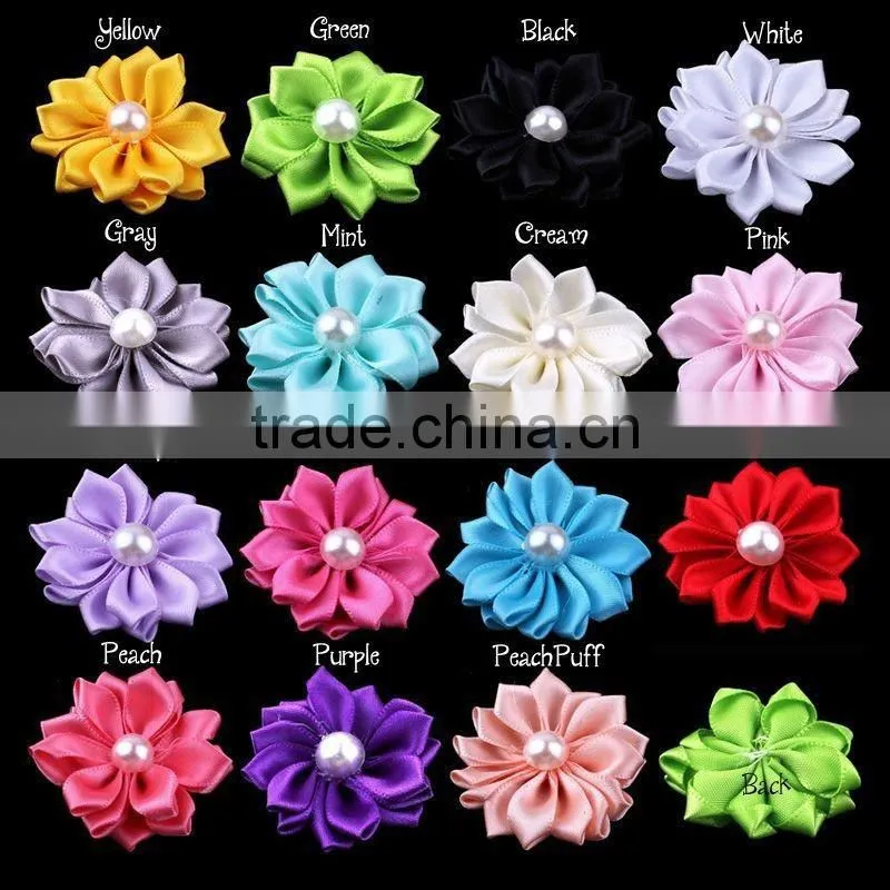 satin ribbon flower with pearl bead center for kids hair accessories