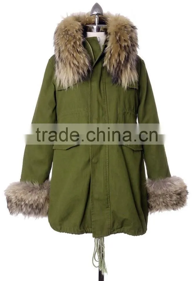 Detachable Faux Fur Jacket with fur collar fur sleeve ,women Army green Jacket coat