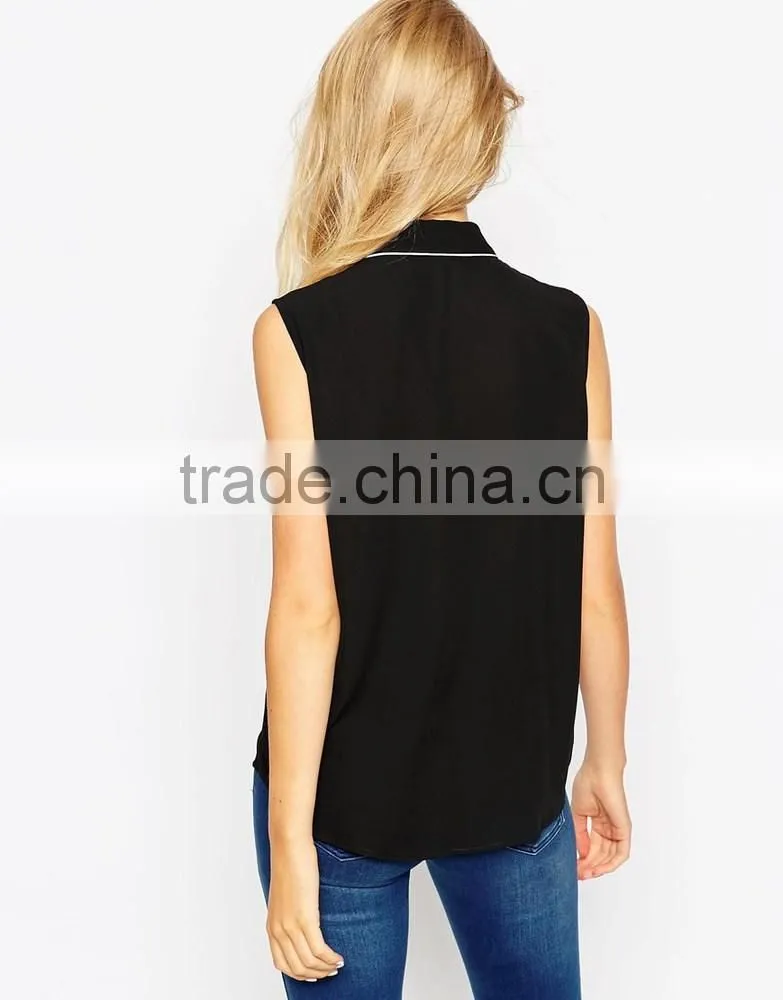 China factory OEM ODM 2015 new fashion customized Sleeveless Blouse With Contrast Piping