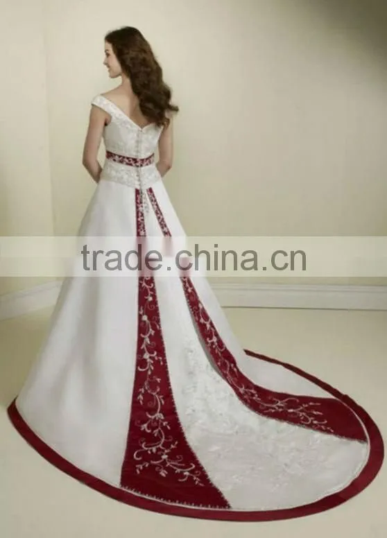 satin deep v neck long train red white wedding dress