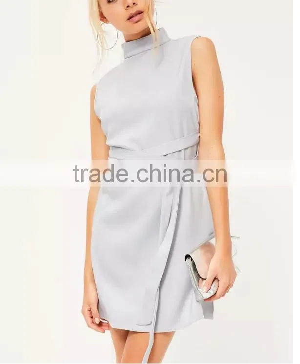 New Design Summer Ladies Lovely High Neck Tie Waist Mini Shift Casual Dress