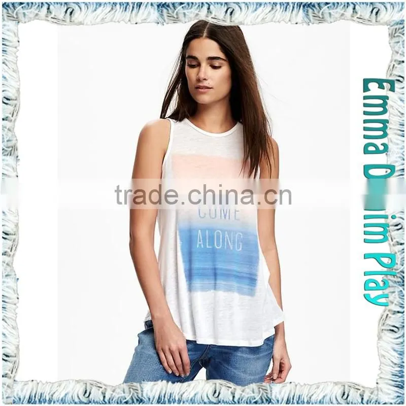 Sexy Womens Silk Screen Printed Thin Fabric Round Neck Sleeveless Long T-Shirts for Hot Summer