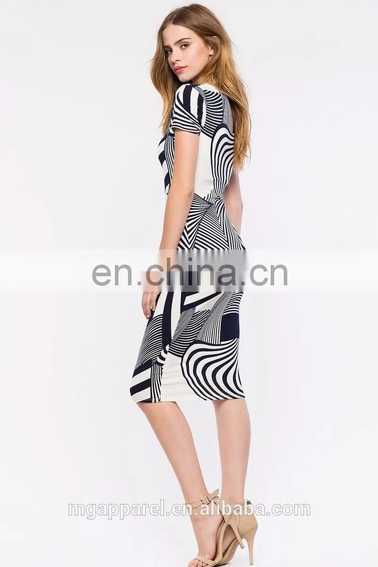 china supplier fashion latest dress designs short sleeve swirl print women party midi bodycon dress evening
