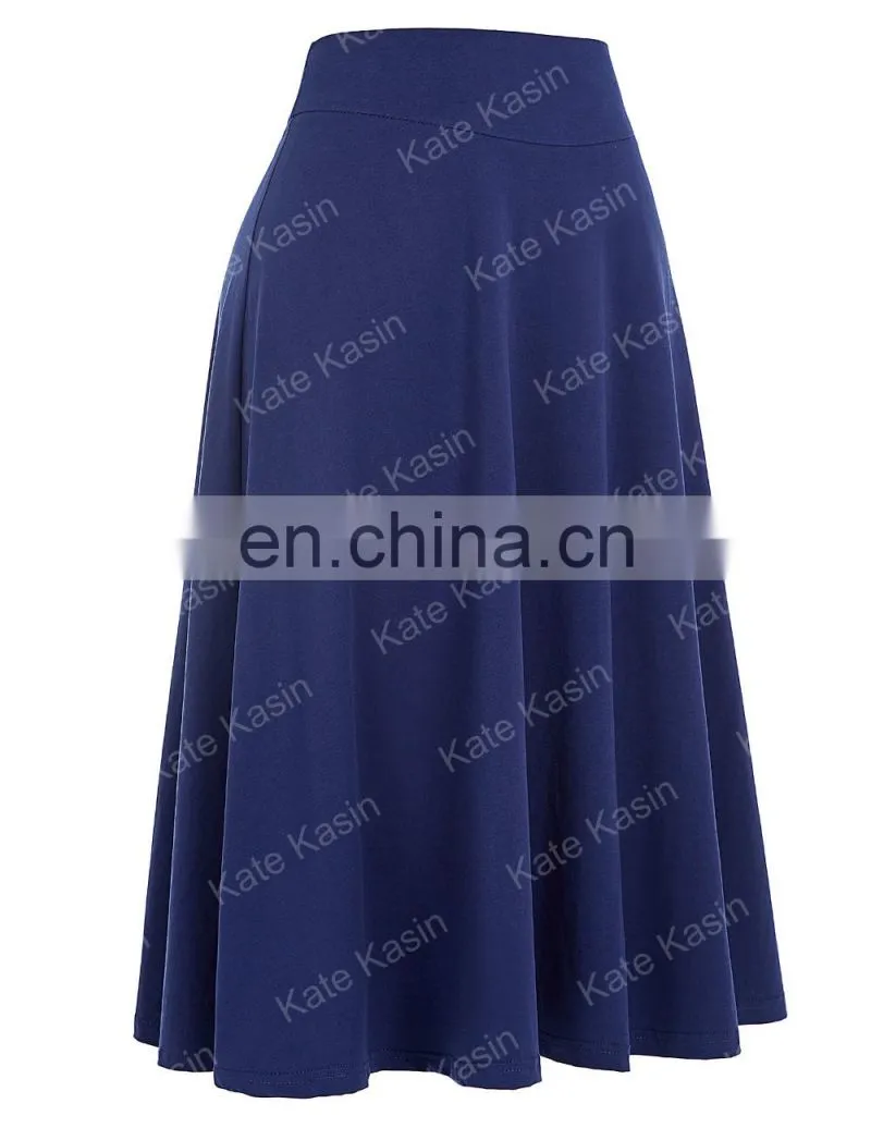 Kate Kasin Occident Women's High Stretchy Navy Cotton High Waist A line Flared Skirt KK000279-2