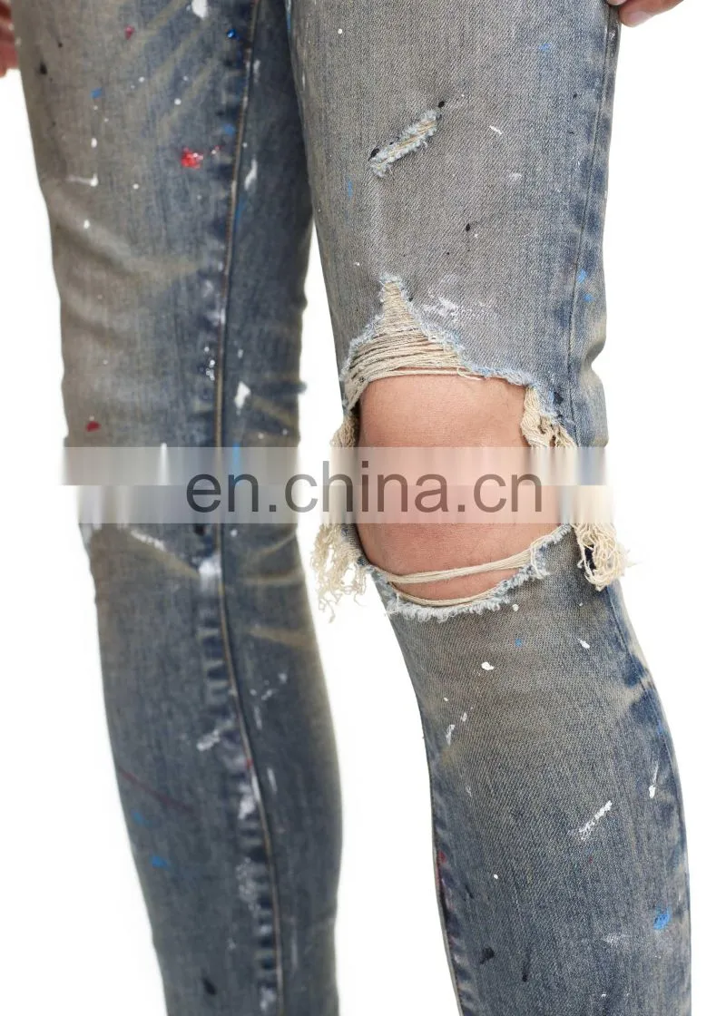 DiZNEW Indigo Dirty Damaged Paint Splash Denim Jeans For Men
