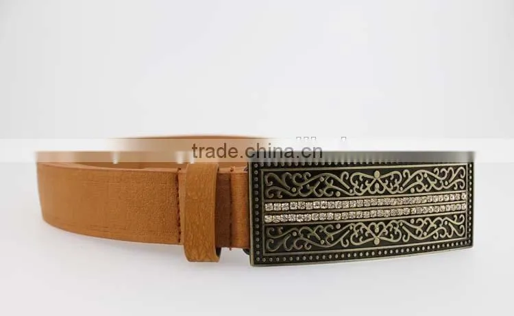 2015 Vintage Style women's fashoion brand PU belt with shiny rhinestone BIG buckle