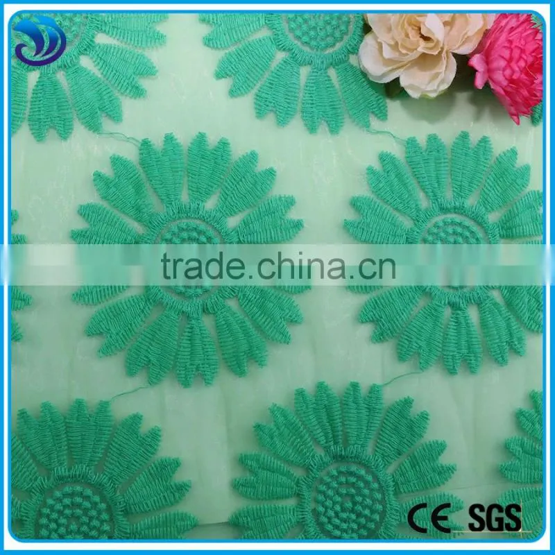 Organza Fabric with green floral embroidery/Polyester Organza fabric for summer dress