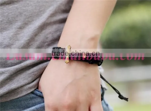 Black/brown cross with scripture leather bracelet,leather bracelet with cross