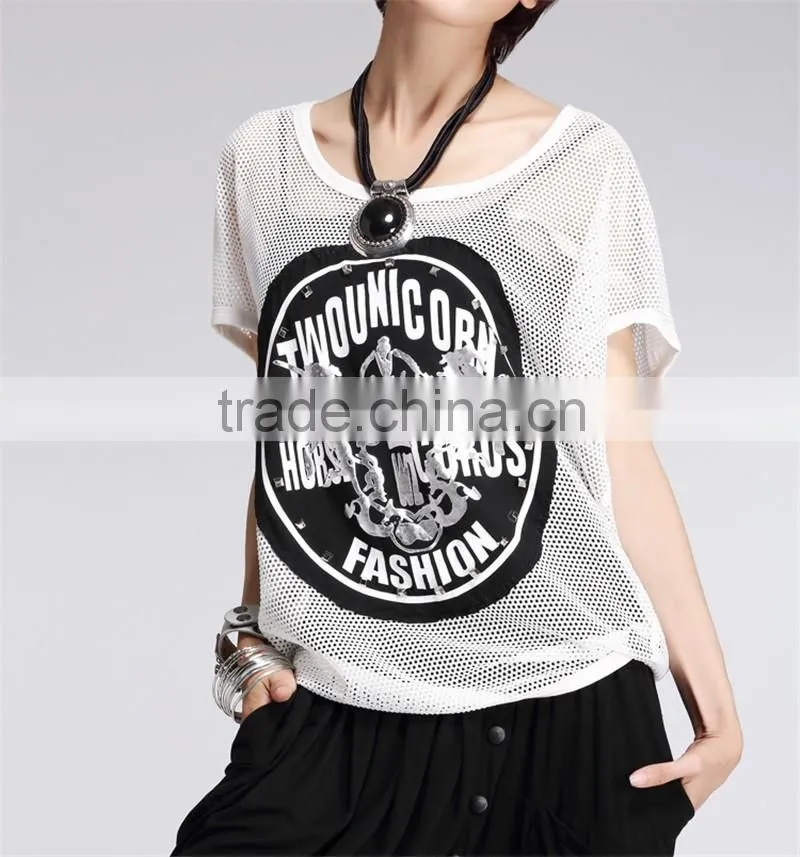 Fashion Womens Mesh Loose Blouse Tops Delicate Print Short Sleeve Summer Tee Shirts tshirts