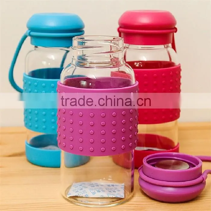 candy color glass water bottle with silicone sleeve,BPA Free glass water bottle with silicone sleeve