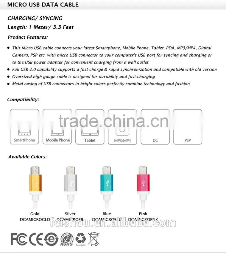 New Design Micro USB Cable Mobile Charger Data Cable for Samsung LG