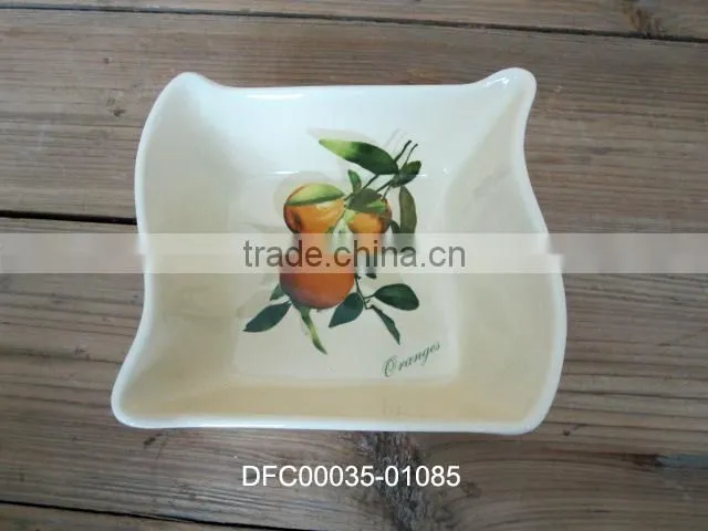 Small Ceramic White Soup Plate/ Deep Dish with Orange Decal