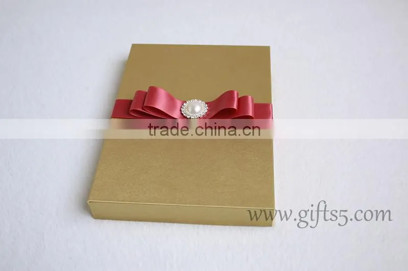 Luxury handmade gold wedding invitations box with ribbon bow