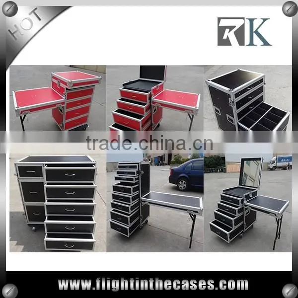 3/8" Plywood 4 Drawer Flight Case in Red Color, with Side Desk and Wheels