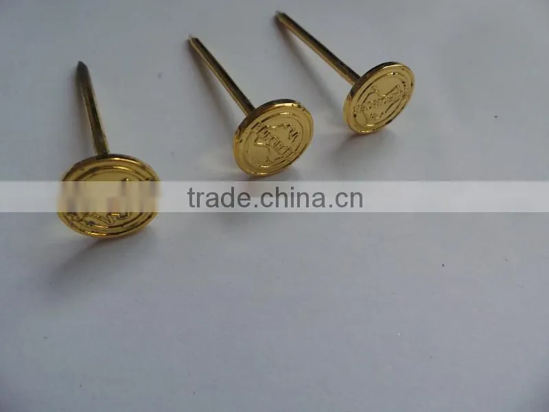 gold color metal nail pin,custom metal nail with logo embossed,metal lapel pin
