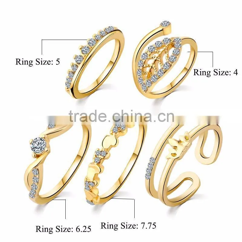 Crystal gold/silver plated dubai rings jewelry 5pc ring knuckle set