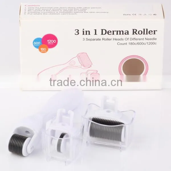 2015 Newest 3 IN 1 Derma Roller with 3 Separate Roller Heads of Different Needle Count 180/600/1200 needles for eye+face+body