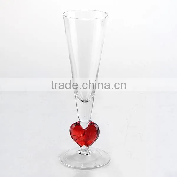 hand made clear wine glass flute champagne with red heart