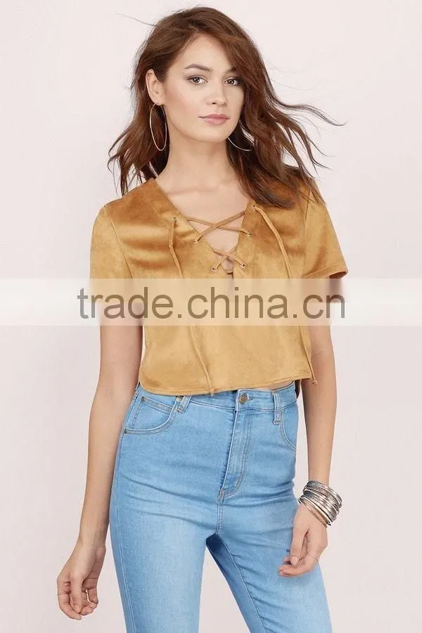 Born Free Tan Faux Suede Lace Up Short Sleeve Crop Top
