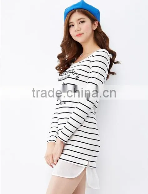 For women this white collar and body text printed chiffon stitching knitted stripes long-sleeved dress