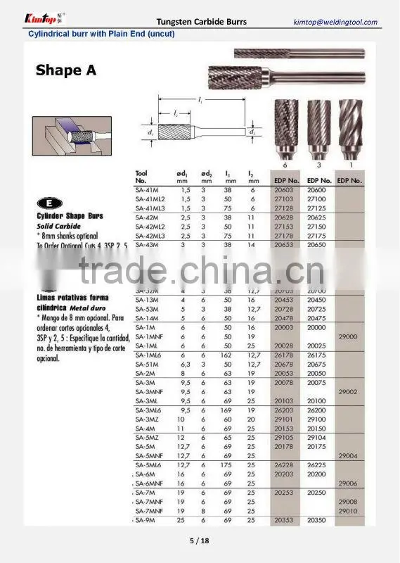 Tungsten Carbide Rotary Burrs of the All Shape