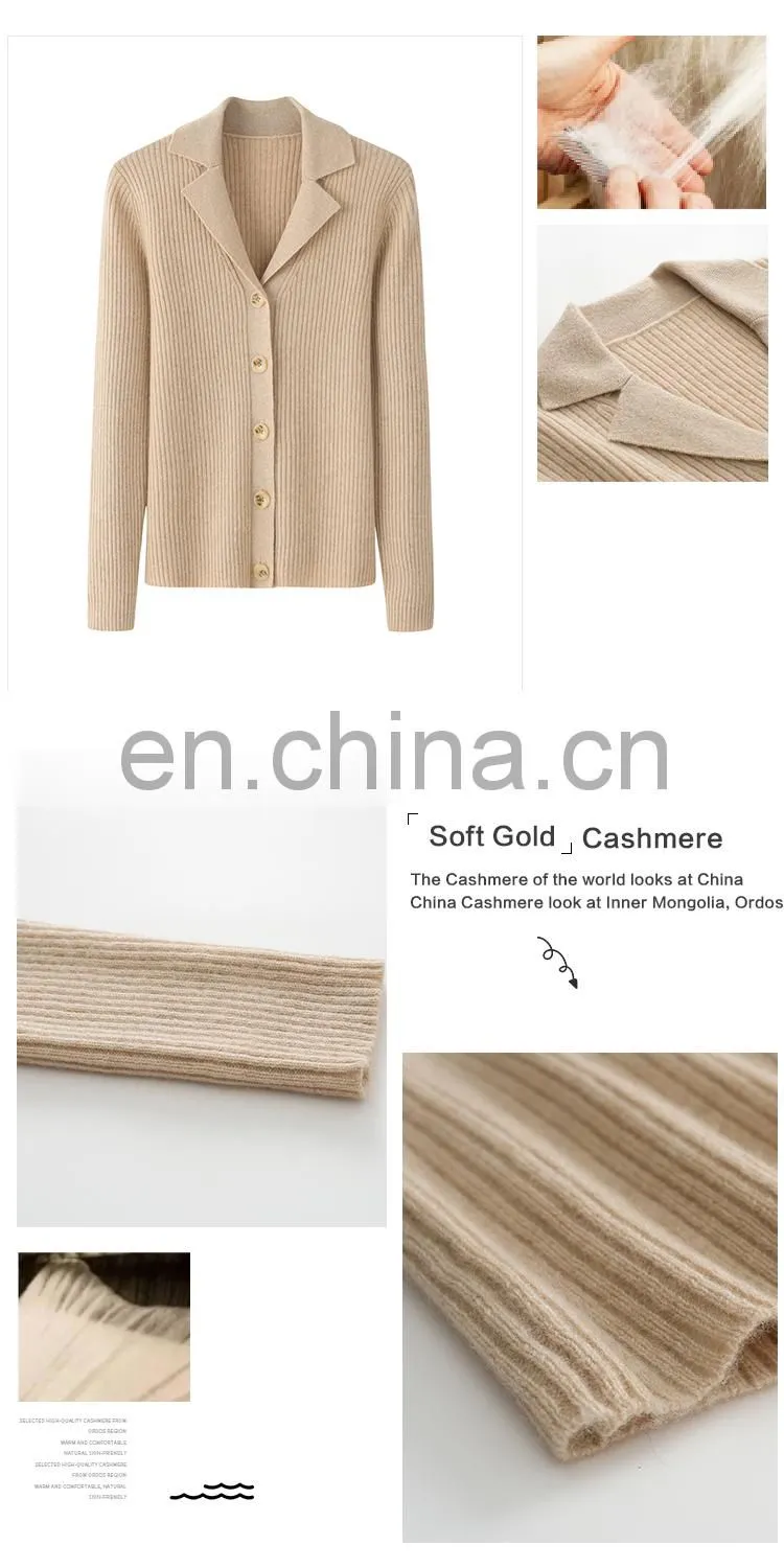 Women's High Quality Winter Solid Pattern Knitted Polo Shirt Pure Cashmere Button-Up Cardigan Formal Style
