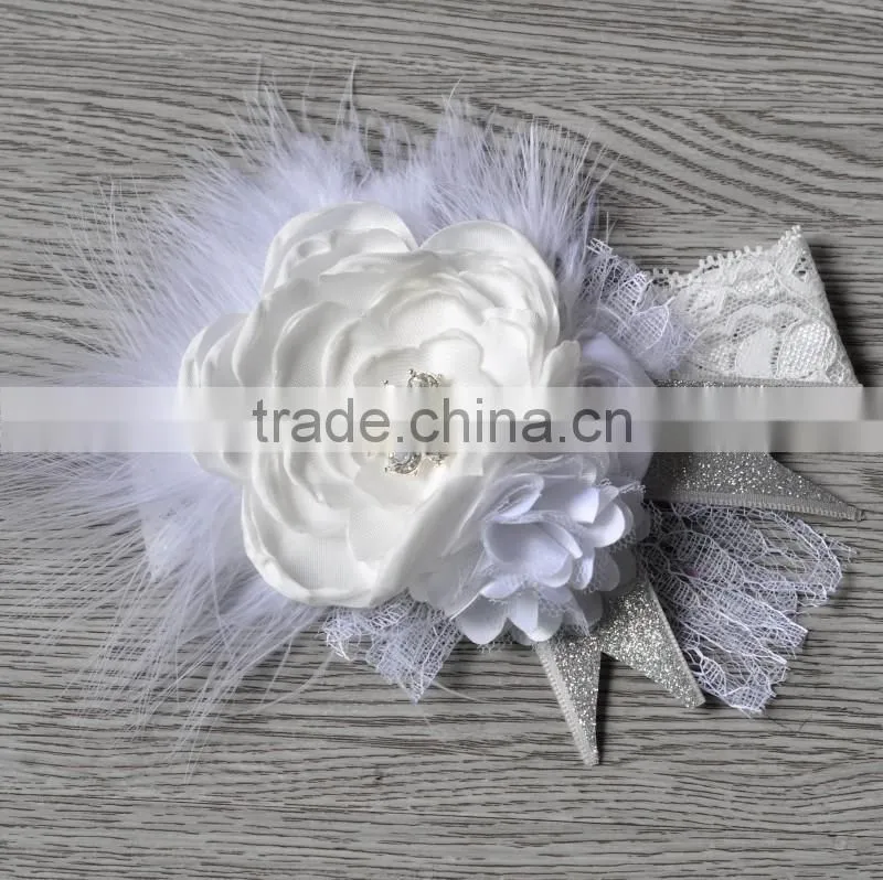 factory hot sale stain chiffon rosette flower girls headwear handmade lace elastic headbands for kids