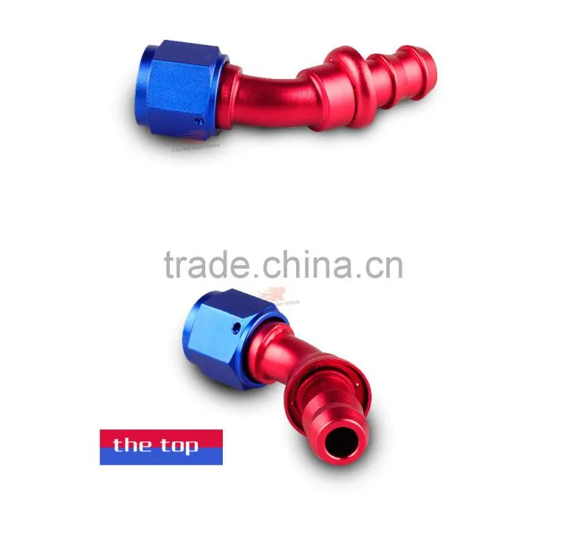 Aluminum oil cooler push on fitting 45 degree push on hose end blue and red 10-045-10