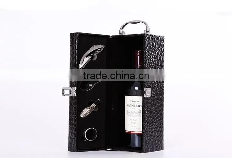 Hot Sale 2 Bottles With Tools And Lock Black Embossing Leather Wine Gift Boxes