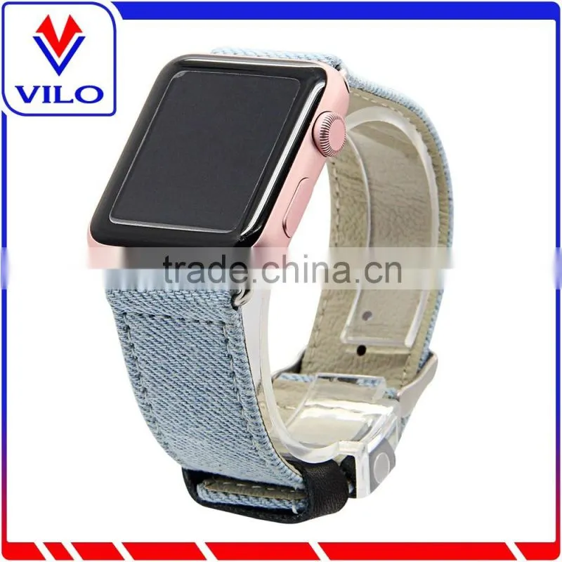 Canvas Fabric Genuine Leather Smart Watch Band Replacement Strap With Adapter Metal Clasp for Apple Watch 38mm 42mm