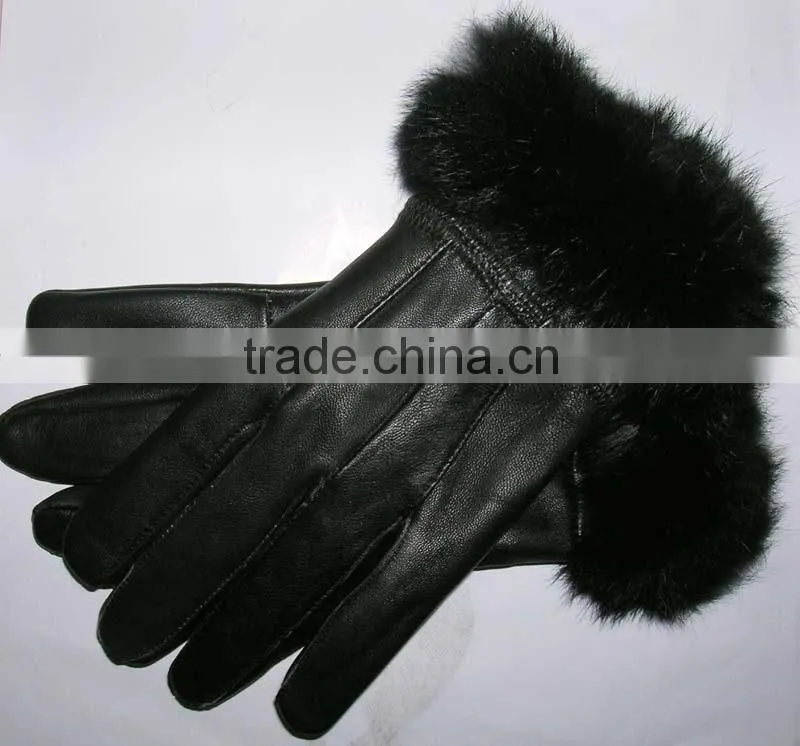 rabbit fur cuff lady real genuine leather gloves LG-06