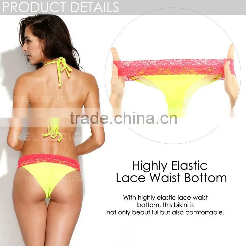 RELLECIGA 2016 Lace Collection -New Neon Yellow + Cross Red Lace Bikini Swimsuit with Triangle Top and Brazilian Cut Scrunch But