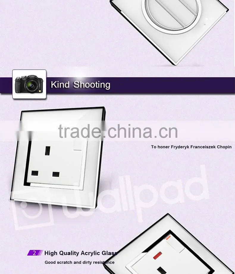 New Design Wallpad White Waterproof Acrylic Glass 110~250V EU UK Electrical Switch 1 gang 1 way Push Button Wall Light Switch