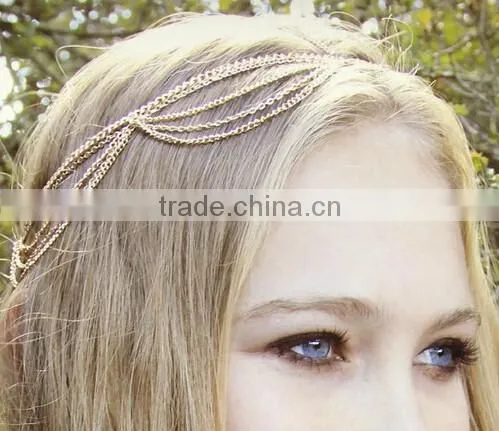 Hot Fashion Women Gold Tassel Crown Head Jewelry Punk Multilayers Head Chain