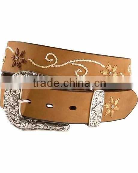 Western Belts brown leather belt with feminine floral stitched belts