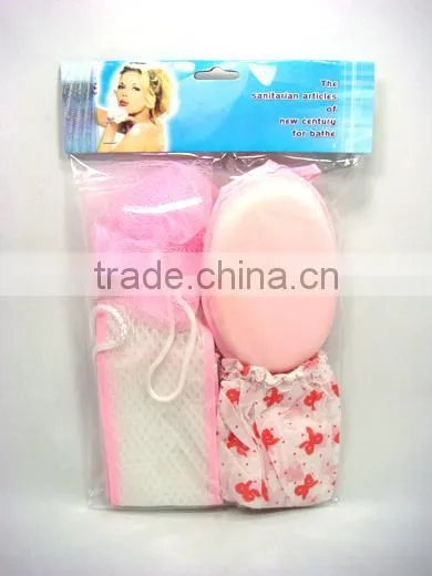 4pcs bath set/bath sponge belt&plastic soap holder&Shower cap