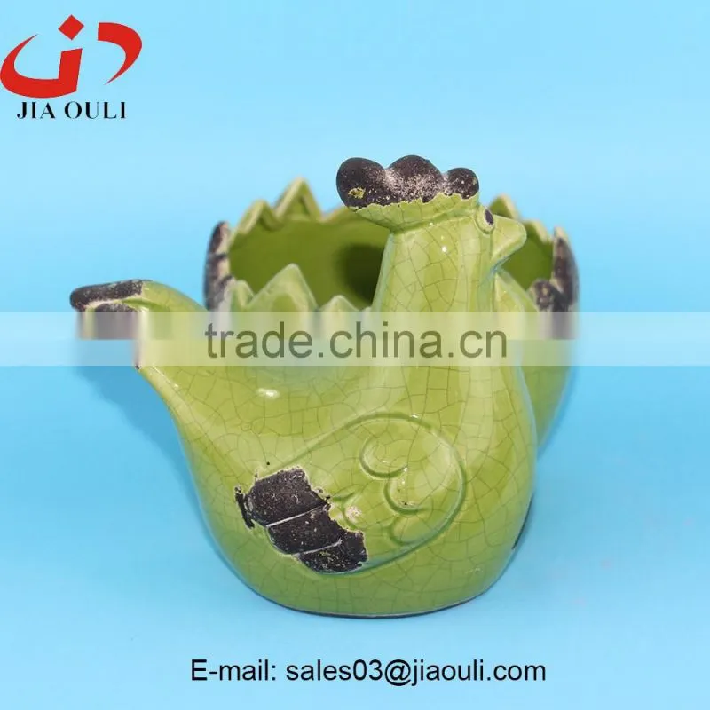 Popular sale EASTER decoration crackle glazed Ceramic Chicken planter