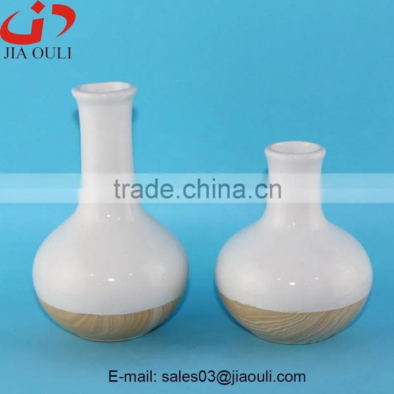 Popular style tall pillar with wood print bottom Ceramic white vase for decoration