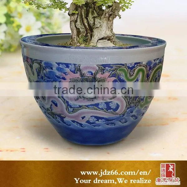 Modern design excellent quality engraved dragon hand painted ceramic pottery big vat for decoration