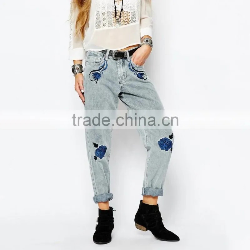 front girls embroidery flowers ladies fancy jeans loose style