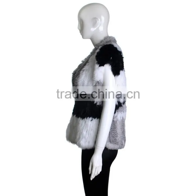 YR230 Colorblock Real Rabbit Hand Knitted Fur Vest NEW Arrival