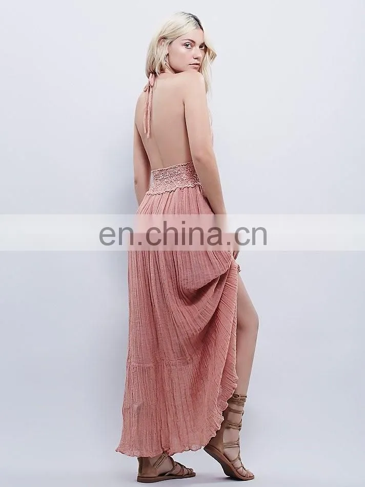 High qaulity lace trim cotton gauze maxi dress ,fashion woman cotton party dress