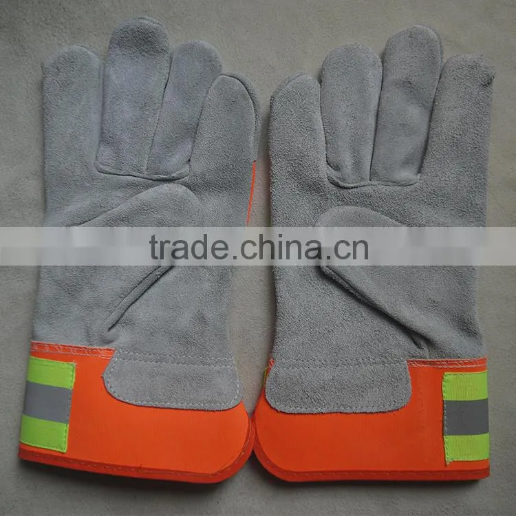 10.5"AB grade cow split leather working Gloves, reflective leather safety gloves, larbor gloves, garden gloves