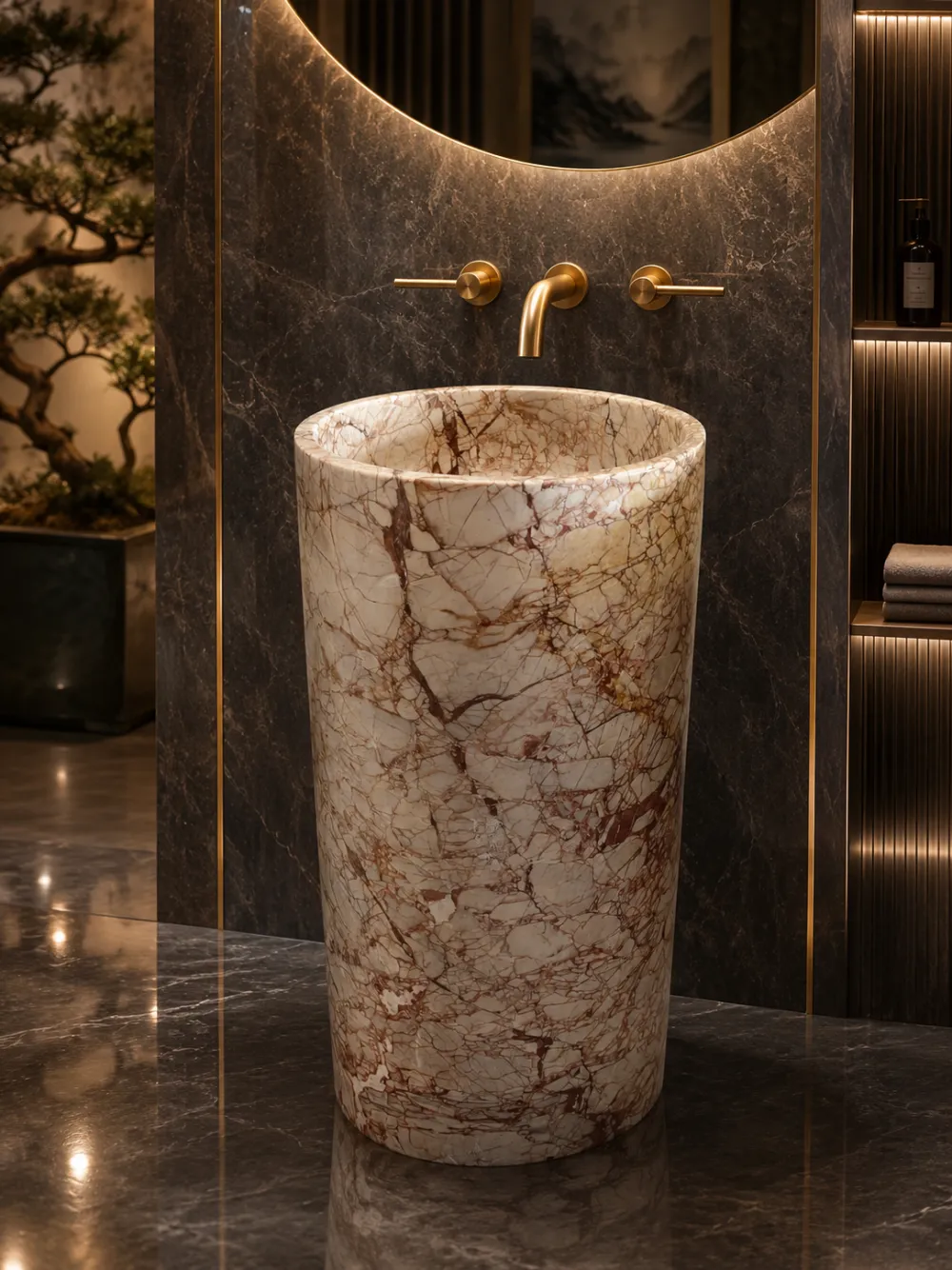 Stunning Calacatta Red Marble Stone Round Pedestal Sink – A Statement Luxury for Your Bathroom