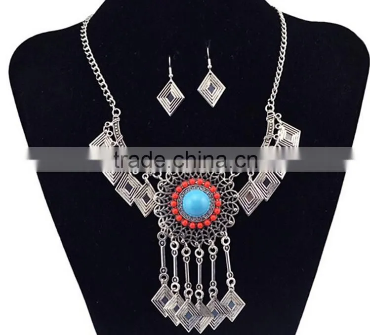 Fashion Jewelry Vintage Look National Style Turquoise Jewelry Set Long Chain Necklace Set
